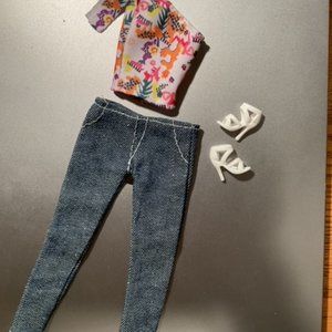 Barbie doll denim jeans, halter top, and white heeled shoes
